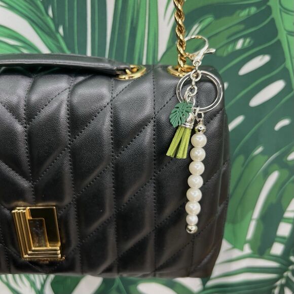PLANT LADY Bag Charm Keychain Multi MONSTERA Pendant Suede Tassel Faux Pearls - Picture 15 of 17